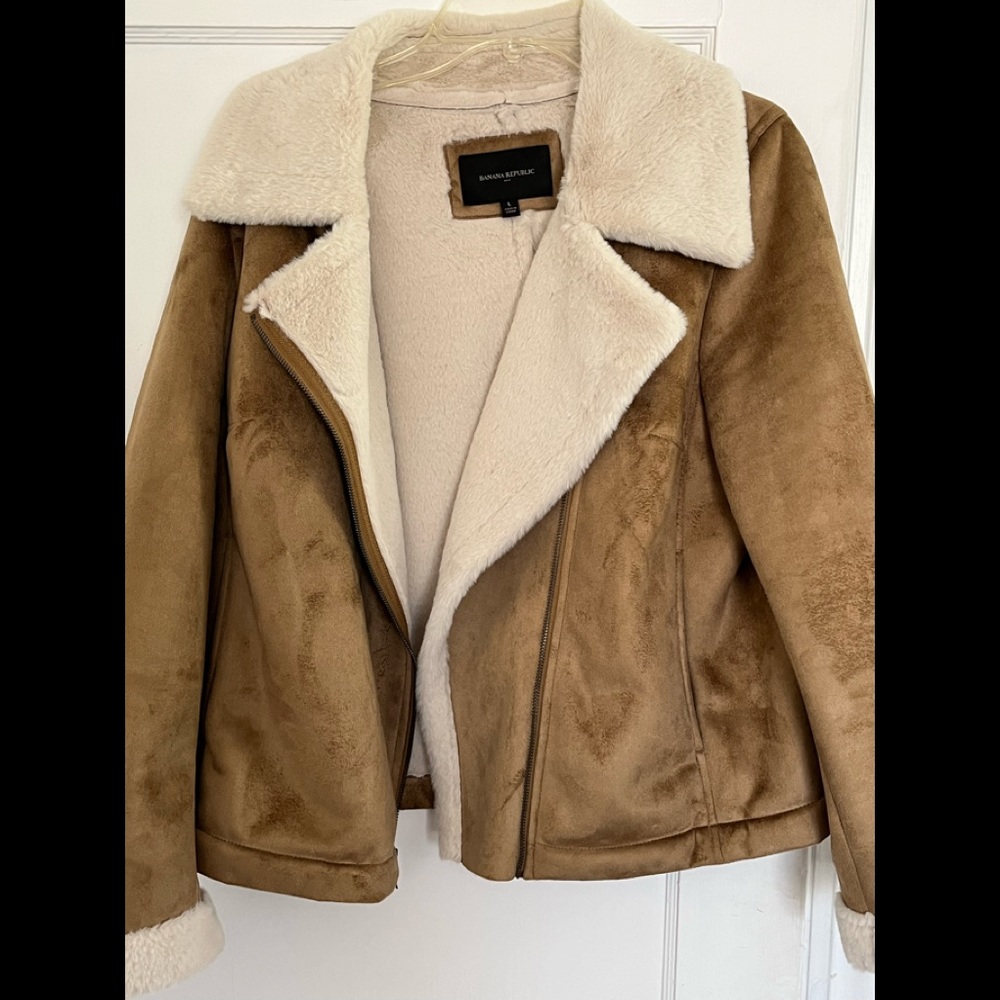 Banana Republic Tan Suede-Look Jacket with Cream Sherpa Lining
